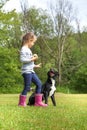 Girl training dog in park friendship Royalty Free Stock Photo