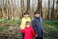 Cute little girl and two kid boys with first spring flowers snowflakes on sunny day in forest, outdoors. Three children