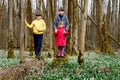 Cute little girl and two kids boys with first spring flowers snowflakes on sunny day in forest, outdoors. Children with