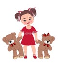 Cute little girl and two plush teddy bear toys , kid , teddy bear , teddy bear , teddy bears , toys , kids toys , girl with toys