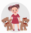 Cute little girl and two plush teddy bear toys , kid , teddy bear , teddy bear , teddy bears , toys , kids toys , girl with toys Royalty Free Stock Photo