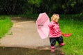 Cute little girl with umbrella in raincoat and boots
