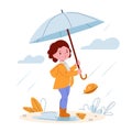 Cute little girl with an umbrella in rubber boots in the rain. Vector illustration in cartoon style. Royalty Free Stock Photo