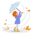 Cute little girl with umbrella in rubber boots. Windy weather autumn leaves. Vector illustration in cartoon style. Royalty Free Stock Photo