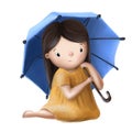 cute little girl under umbrella hand drawn clipart, children's illustration with funny cartoon character Royalty Free Stock Photo