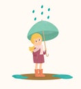 Cute little girl under umbrella. Illustration of autumn time