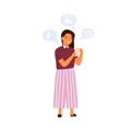 Cute little girl use smartphone vector flat illustration. Smiling female kid chatting, watching photo, communicating in