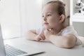 Cute little girl using laptop at home. Education, online study, home studying Kids distance learning Royalty Free Stock Photo