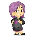 Cute little girl with violet hair dressed in black standing and smiling. Vector cartoon kid character Royalty Free Stock Photo