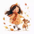 Cute little girl walking with her dog in autumn park. Watercolor illustration Royalty Free Stock Photo