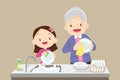 Cute girl washing dish with grandmother