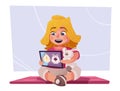 Cute little girl watch cartoons on a tablet. Child character design. Cartoon vector illustration