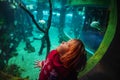 Cute little girl watching fishes in a large aquarium Royalty Free Stock Photo