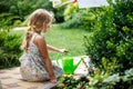 Cute little girl watering plants in the garden. Royalty Free Stock Photo