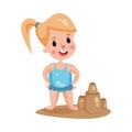 Cute little girl wearing blue swimsuit playing with sand on a beach, colorful character Illustration Royalty Free Stock Photo