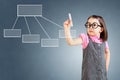 Cute little girl wearing business dress and drawing a flowchart 1. Blue background.