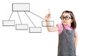 Cute little girl wearing business dress and drawing a flowchart 1. White background. Royalty Free Stock Photo