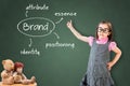 Cute little girl wearing business dress and showing brand concept on green chalk board. Royalty Free Stock Photo