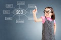 Cute little girl wearing business dress and writing a SEO schema on the whiteboard. Blue background.