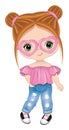 Vector Cute Little Girl Wearing Ripped Jeans, Pink Top and Heart Shape Glasses