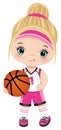 Cute Little Girl Playing Basketball. Vector Little Basketball Player Royalty Free Stock Photo