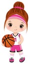 Cute Little Girl Playing Basketball. Vector Little Basketball Player Royalty Free Stock Photo