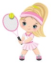 Cute Little Girl Wearing Pink and White Sport Outfit Playing Tennis. Vector Little Tennis Player Royalty Free Stock Photo