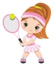 Cute Little Girl Wearing Pink and White Sport Outfit Playing Tennis. Vector Little Tennis Player Royalty Free Stock Photo