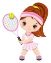 Cute Little Girl Wearing Pink and White Sport Outfit Playing Tennis. Vector Little Tennis Player Royalty Free Stock Photo