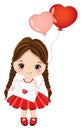 Cute Little Brunette Girl Holding Heart Shape Air Balloons. Vector Cute Girl with Balloons