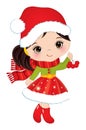 Cute Little Girl Wearing Santa Claus Hat Holding a Branch of Red Berries. Vector Christmas Cute Girl with Ashberry Royalty Free Stock Photo