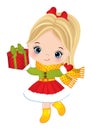 Cute Little Girl Holding Christmas Gift Box. Vector Christmas Cute Girl with Gift Box Royalty Free Stock Photo