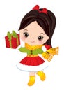 Cute Little Girl Holding Christmas Gift Box. Vector Christmas Cute Girl with Gift Box Royalty Free Stock Photo