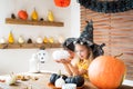 Cute little girl in witch costume sitting behind a table in Halloween theme decorated room, holding hand painted pumpkins smiling. Royalty Free Stock Photo