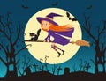 Cute little girl witch with a kitten flying on a broom