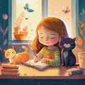 Cute little girl writes in a notebook. The child does a school task while sitting at the table at home. Kid and cats