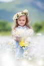 Cute little girl with yellow bucket white daisies Royalty Free Stock Photo