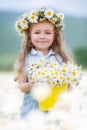 Cute little girl with yellow bucket white daisies Royalty Free Stock Photo