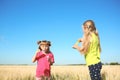 Cute little girls blowing soap bubbles in wheat field on sunny day Royalty Free Stock Photo