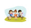 Cute Little Girls and Boy Sitting on Bench in Park and Reading Books Vector Illustration Royalty Free Stock Photo