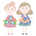 Cute little girls couple with flowers bouquet