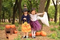 Cute little girls dressed for Halloween having fun in autumn park