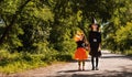 cute little girls in a Halloween costume of a witch with a pumpkin basket for sweets in her hands outdoors. lantern jack, happy Royalty Free Stock Photo