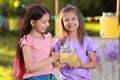 Cute little girls with natural lemonade. Summer refreshing drink Royalty Free Stock Photo