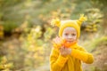 Cute little girls with big bue eyes playing on beautiful autumn day. Happy children having fun in autumn park. The girl Royalty Free Stock Photo