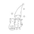 A cute little gnome, a kitten and stars. Funny elves.