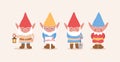 Cute little gnomes.Collection of garder gnomes. Set of fairy tale characters. Cartoon vector illustration Royalty Free Stock Photo