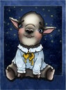 Cute little goat, cartoon character with pointy ears and big head, fairytale animal with bright blue eyes.