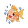 Cute little gold fish with a kind smiling face and big eyes.