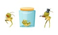 Cute Little Grasshopper Character Playing Violin, Dancing and Sitting in Glass Jar Vector Set